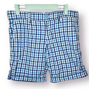 American Eagle Outfitters White Blue Plaid Roll Tab Bermuda Cotton Shorts Size 8